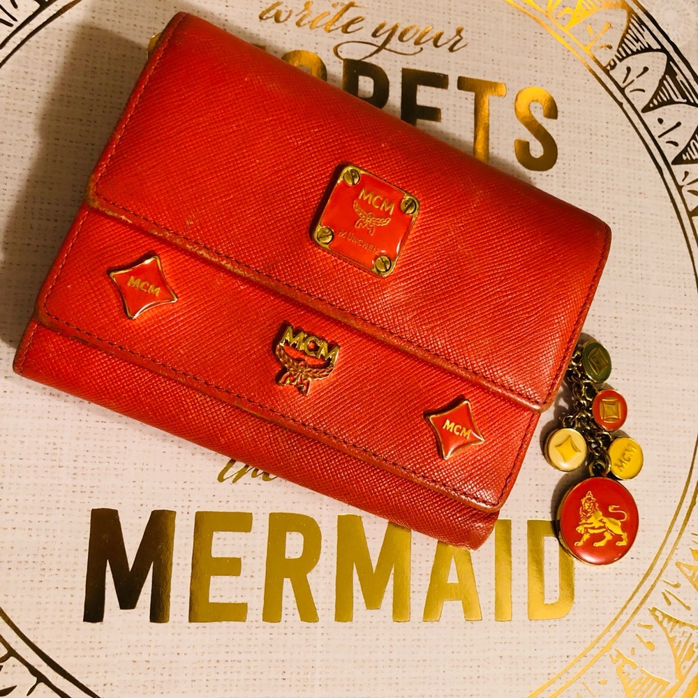 Authentic MCM Orange Leather Trifold Wallet with Multiple Slots/Pockets MCM tags